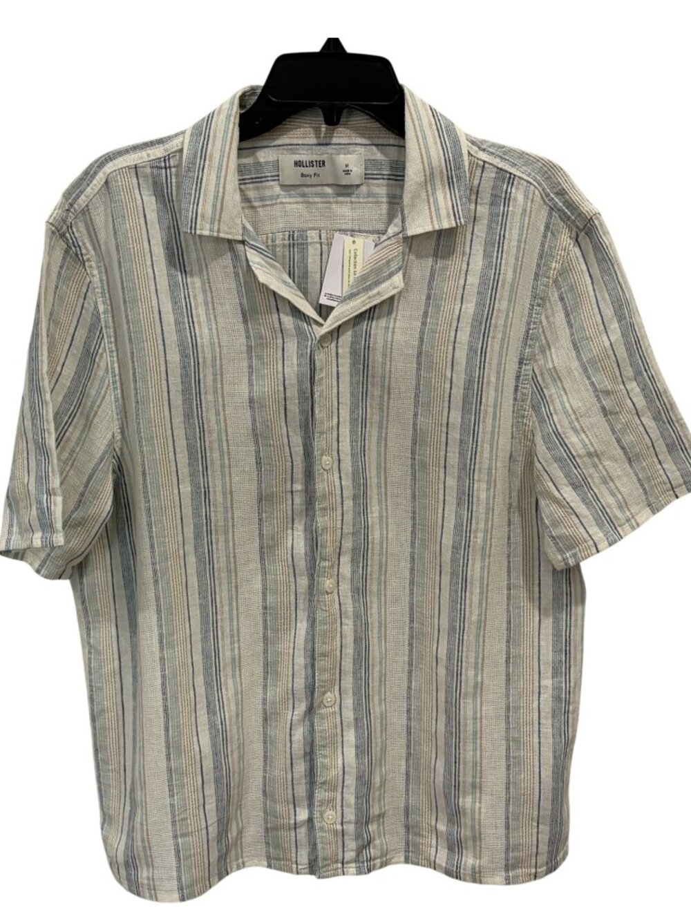 Hollister Linen Blend Short Sleeve Button Up Shirt Mens M Boxy Fit Striped